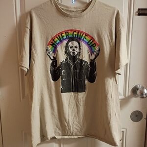 2/$10 Hot Topic Michael Myers Rainbow Never Give Up Beige Top Size Large